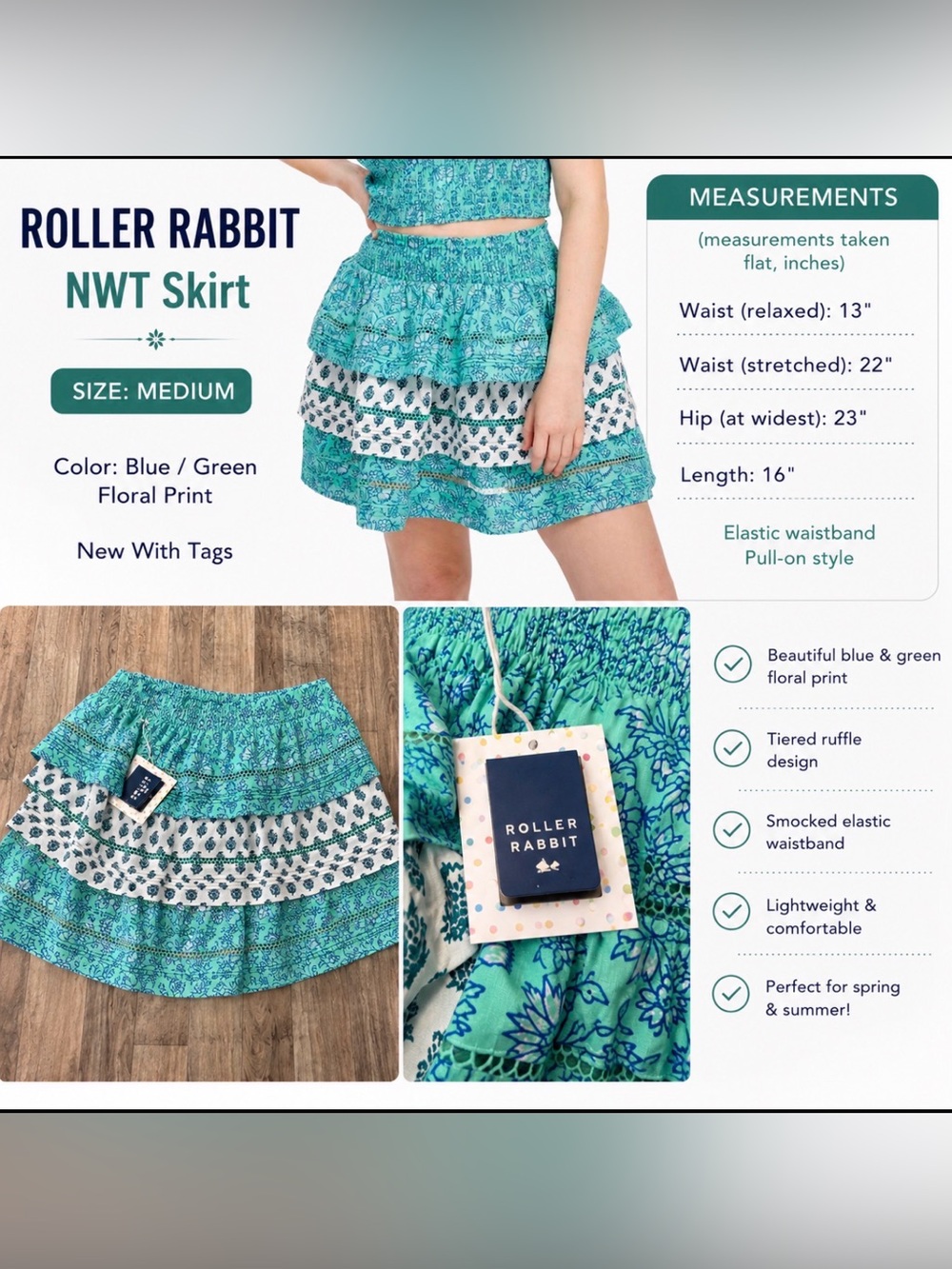Roller Rabbit Tiered Floral Mini Skirt NWT Size Medium Blue Green Boho